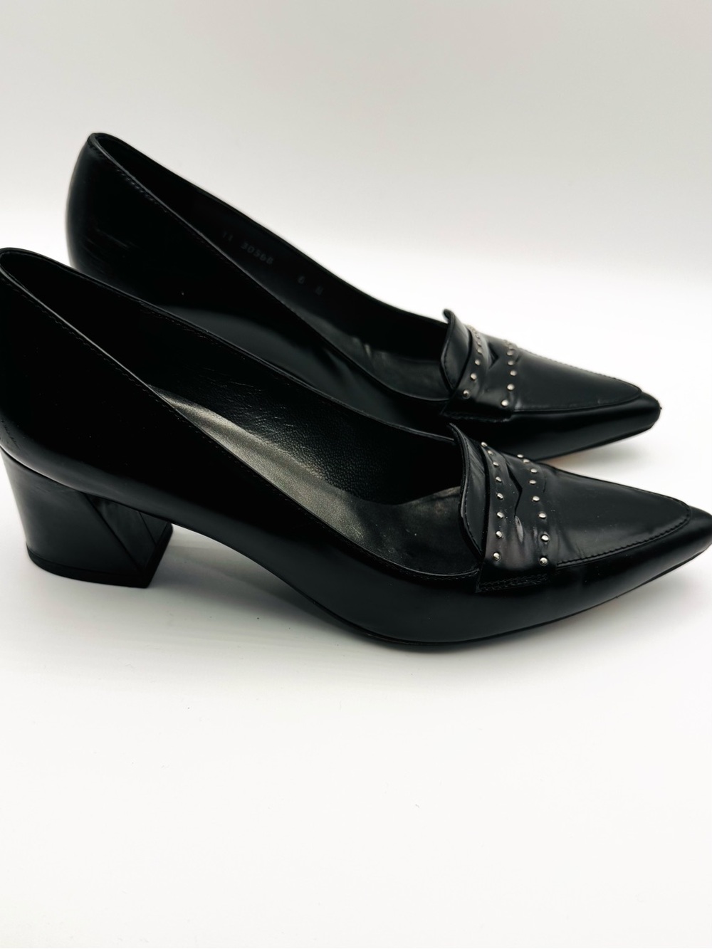 Stuart Weitzman Black Patent Leather Studded Point Toe Loafer Block Heel Pumps